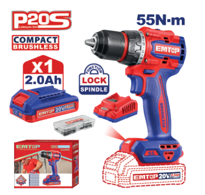 Compact Brushless Cordless Drill 20V, High Torque, Lightweight, LED Light, Ergonomic Design